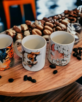 three custom mugs